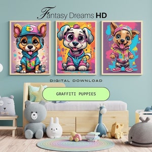 Graffiti Welpen Kinderzimmer Drucke: 3er Set KI-generierte Wandbilder (Digitaler Download)