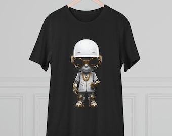 Hip Hop Robot Graphic T-Shirt: Gold & White Organic Unisex Tee