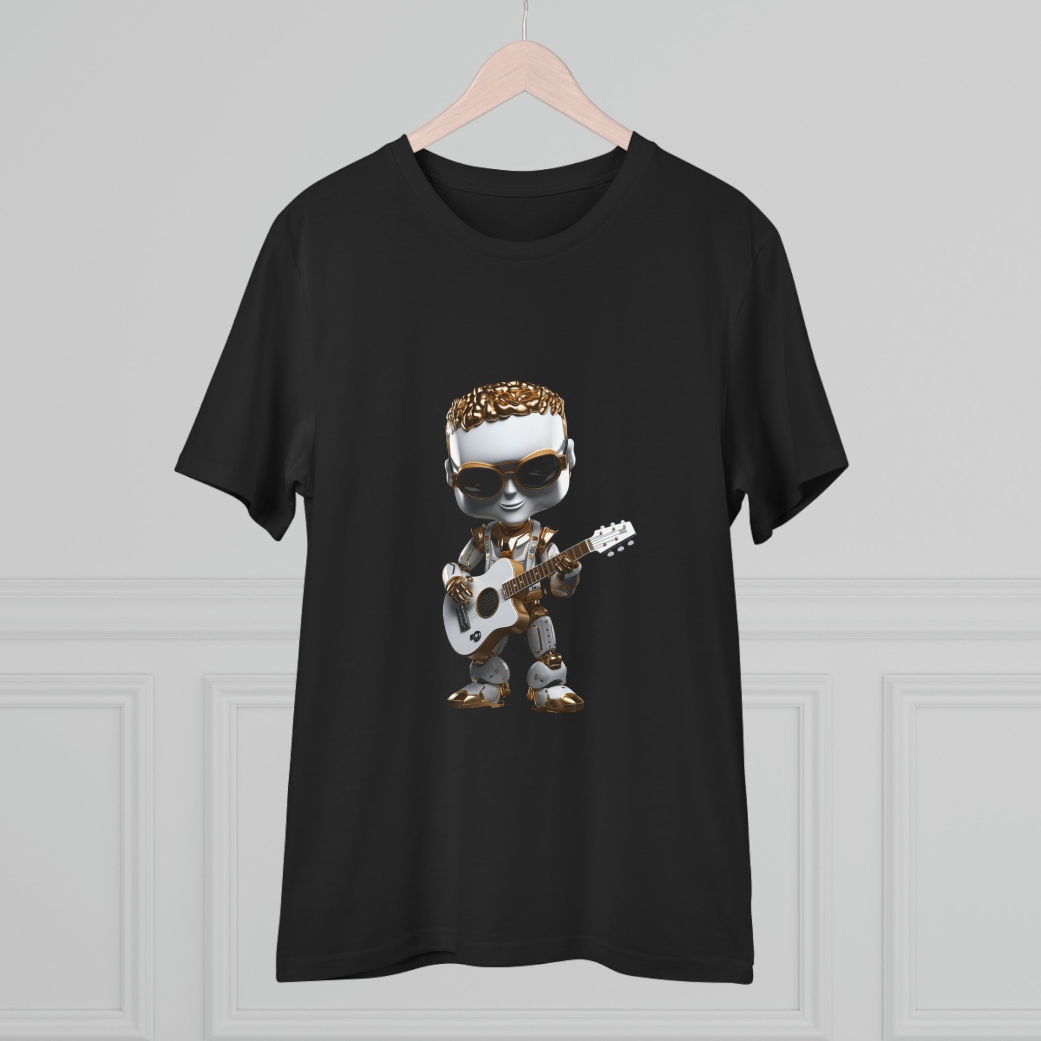 Robot Guitarist T-Shirt: Gold & White Musician, Organic Unisex Tee