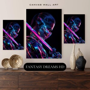 Impresión en lienzo, arte samurái futurista neón, decoración de pared mate estirada, decoración del hogar cyberpunk, póster de anime, pintura de guerrero japonés