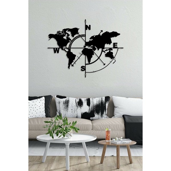 Handmade Wooden Laser-Cut World Map Compass Wall Decor