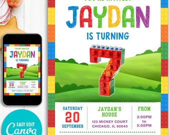 May include: A colorful birthday invitation with a Lego-themed design. The invitation features a large number 7 made of Lego bricks, a green grassy background, and the text "You're Invited! Jaydan is turning 7". The invitation also includes details about the party, such as the date, time, and location.