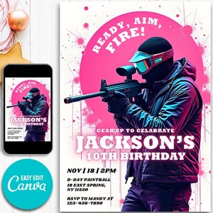 Paintball Party Invite | Editable Birthday Invitation for Boys | Neon Splatter Design | Digital Template | Boy Birthday Invitation