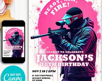 Invitación a fiesta de paintball / Invitación de cumpleaños editable para niños / Diseño con salpicaduras de neón / Plantilla digital / Invitación de cumpleaños para niños