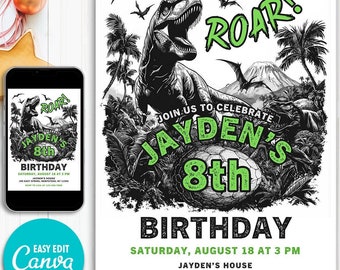Dinosaur Birthday Invitation, Dinosaur Birthday Party Invite Template, T-Rex Birthday Invite, Boy Birthday, canva editable, instant download