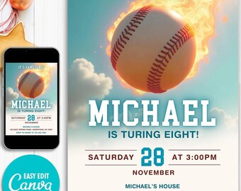 Editable Baseball Invitation, Baseball Birthday Party Invitation, Rookie of the Year, Sports, Slugger Ball Game, Instant Download, Canva