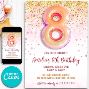 Editable Girl Glitter Birthday Invite 8th Birthday Invitation Template Pastel Foil Number Balloon Eight Birthday Instant Download Canva