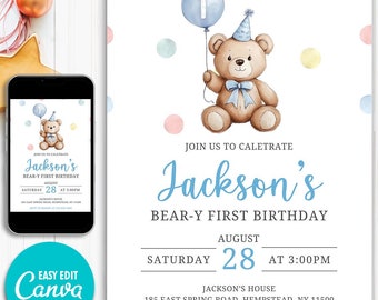 Bewerkbare verjaardagsuitnodiging 1e verjaardagsuitnodiging teddybeer verjaardagsuitnodiging jongen verjaardagsuitnodiging Bear-y eerste verjaardagsuitnodiging