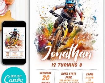 Fahrrad-Party-Einladung, Mountainbike-Party einladen, Dirt Bike-Party, Fahrt auf Over, BMX-Geburtstags-Einladung, BMX-Fahrrad-Geburtstags-Jungen-Fahrrad einladen