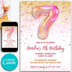 Editable Girl Glitter Birthday Invite 7th Birthday Invitation Template Pastel Foil Balloon Number Seven Birthday Instant Download Canva
