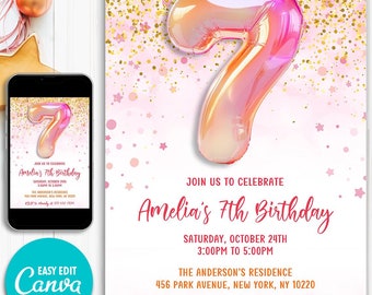 Editable Girl Glitter Birthday Invite 7th Birthday Invitation Template Pastel Foil Balloon Number Seven Birthday Instant Download Canva