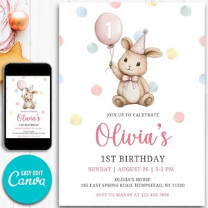 ANY AGE Birthday Invitation, Bunny Birthday Invitation Girl 1st Birthday Invitation Girl Editable Invitation  Bunny Invitation Girl Pink