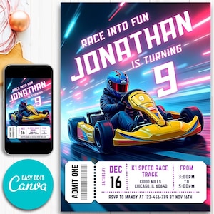 Go Kart Printable Invitation, Editable Race Car Party Template, Kids Birthday Invite, Instant Digital Download, Birthday Invitation
