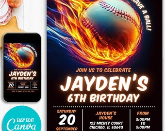Editable Baseball Invitation, Baseball Birthday Party Invitation, Rookie of the Year, Sports, Slugger Ball Game, Instant Download, Canva