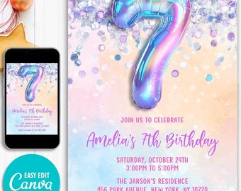 Editable Girl Glitter Birthday Invite 7th Birthday Invitation Template Pastel Foil Balloon Number Seven Birthday Instant Download Canva