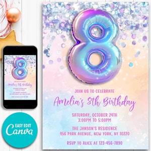 Editable Girl Glitter Birthday Invite 8th Birthday Invitation Template Pastel Foil Number Balloon Eight Birthday Instant Download Canva