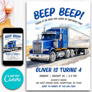Puede incluir: Ilustraci&oacute;n de una invitaci&oacute;n de cumplea&ntilde;os con un cami&oacute;n azul y el texto "BEEP BEEP!". La invitaci&oacute;n dice "Oliver cumple 4 a&ntilde;os" con los detalles del evento. Un smartphone muestra el mismo dise&ntilde;o.
