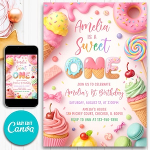 Puede incluir: Una invitación de cumpleaños rosa con temática dulce. El diseño presenta conos de helado, donas y piruletas. El texto dice "Amelia is a Sweet One" e incluye detalles de la fiesta. Un smartphone muestra el mismo diseño. El logotipo de Canva es visible.