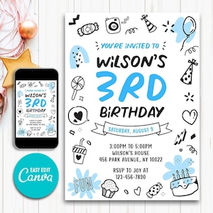 Bearbeitbare Einladung zum 3. Geburtstag für Jungen, Einladung zum 3. Geburtstag, sofortiger Download Einladungen für Jungen mit Canva-Sofortdownload