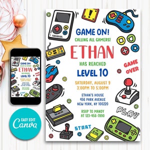 Puede incluir: Una invitaci&oacute;n colorida para una fiesta de cumplea&ntilde;os con tem&aacute;tica de videojuegos. La invitaci&oacute;n presenta una ilustraci&oacute;n de estilo de dibujos animados de mandos de videojuegos, joysticks y una consola de videojuegos. El texto de la invitaci&oacute;n dice: "&iexcl;Juego activado! &iexcl;Llamada a todos los jugadores! Ethan ha alcanzado el nivel 10. S&aacute;bado, 9 de agosto, de 15:00 a 17:00. Casa de Ethan, 456 Park Avenue, Nueva York, NY 100220. RSVP a Mandy al 123-456-7890."