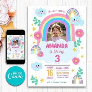 Invitación de cumpleaños de arcoíris Invitación de fiesta de arcoíris pastel colorido Arcoíris de niña divertida Editable Imprimible Descargar, cumpleaños de arcoíris de dibujos animados