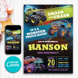 Monster Truck Birthday Party Invitation, Monster Truck Invite, Truck Invite, Monster Truck Theme, Invitation For Boy, Editable Invitation