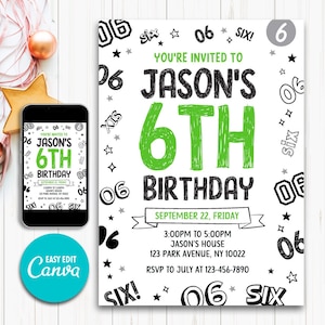 Editable Boy Birthday Invitation, Boy Invitation, 6th Birthday, Boy 6th invitation, 6th invitation, 6th Birthday invite, Canva template