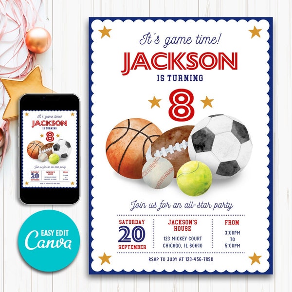 Invito per festa di compleanno All Star Sports, invito sportivo modificabile, invito a tema sportivo, invito fai da te per festa di compleanno N14