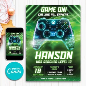 Video Game Party Invitation, Printable Gamer Birthday Invite, Neon Colors, Invite Template, Gaming, Game Party, 5x7 Canva