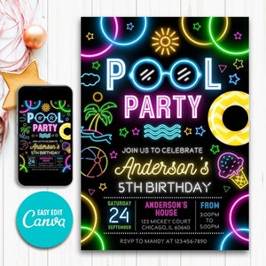 Boy Pool Birthday Party Invitation, Bruh Birthday Invitation, Boy Pool Birthday,  Bruh Teenager Birthday Summer Pool Party Neon Party Invite