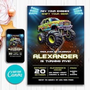Monster Truck Birthday Party Invitation, Monster Truck Invite, Truck Invite, Monster Truck Theme, Invitation For Boy, Editable Invitation