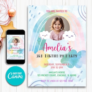 Rainbow Birthday Invitation Colorful Pastel Rainbow Party Invite Rainbow of Fun Girl Editable Printable Download, cartoon rainbow birthday