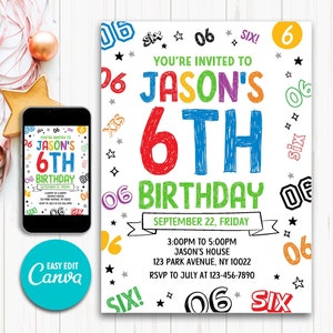 Invito di compleanno modificabile per bambino, invito per bambino, 6° compleanno, invito per bambino 6°, 6° invito, invito per 6° compleanno, invito di compleanno al neon
