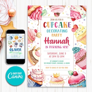 Bearbeitbar Cupcake-Einladung, Cupcake-Dekoration-Geburtstagseinladung, Cupcake lädt ein, süße Einladung, Cupcake-Geburtstags-Einladung