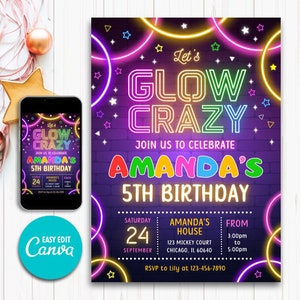 Glow Party Birthday Invitation, Glow Invitation, girl, boy, Neon Party Invite, Neon Lights, Glow Party Template, Editable Canva, Glow Evite