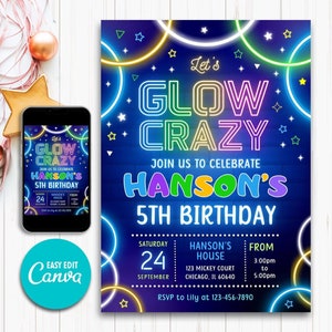 Glow Party Birthday Invitation, Glow Invitation, girl, boy, Neon Party Invite, Neon Lights, Glow Party Template, Editable Canva, Glow Evite