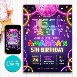 Disco Party Birthday Invitation Template, Disco Invitation, Dance Party, Glow Neon Party Invite, Neon Glow Disco, Glow Party Template