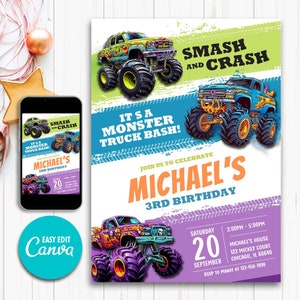 Monster Truck Birthday Party Invitation, Monster Truck Invite, Truck Invite, Monster Truck Theme, Invitation For Boy, Editable Invitation