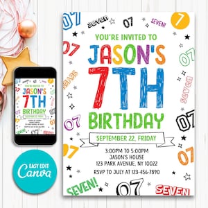Bearbeitbare Geburtstagseinladung Junge, Einladung Junge, 7. Junge Einladung, Einladung zum 7. Geburtstag, 7. Geburtstag, Instant Download Junge Einladung