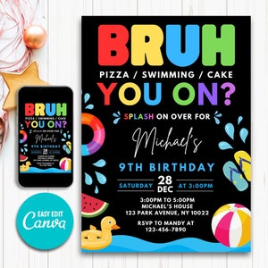 Boy Pool Birthday Party Invitation, Bruh Birthday Invitation, Boy Pool Birthday,  Bruh Teenager Birthday Summer Pool Party Neon Party Invite