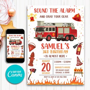 Fire Truck Birthday Invitation, Firetruck Invitation, Fire Engine Invitation, Fire Truck Birthday Party, Firetruck Birthday Printable N49