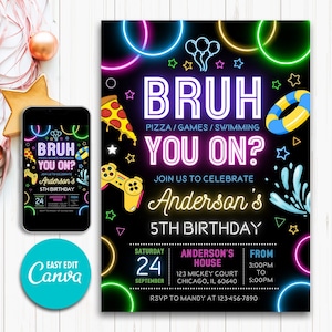 Boy Pool Birthday Party Invitation, Bruh Birthday Invitation, Boy Pool Birthday,  Bruh Teenager Birthday Summer Pool Party Neon Party Invite