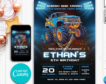 Monster Truck Birthday Invite, Monster Truck Party, Monster Invitation, Invitation For Boys, Printable Birthday Invite, Editable Invites N39