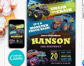 Monster Truck Birthday Party Invitation, Monster Truck Invite, Truck Invite, Monster Truck Theme, Invitation For Boy, Editable Invitation
