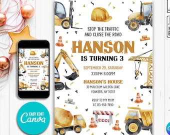 Construction Birthday Party Invitation Template, Construction Invitation, Excavator Birthday Invitation, Construction Birthday Invite trucks