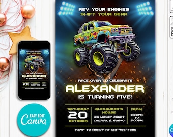 Monster Truck Birthday Party Invitation, Monster Truck Invite, Truck Invite, Monster Truck Theme, Invitation For Boy, Editable Invitation