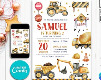 Construction Birthday Party Invitation Template, Construction Invitation, Excavator Birthday Invitation, Construction Trucks Birthday Invite