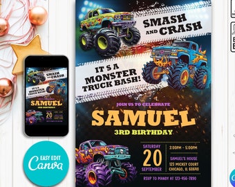 Monster Truck Birthday Invite, Monster Truck Party, Monster Invitation, Invitation For Boys, Printable Birthday Invite, Editable Invites