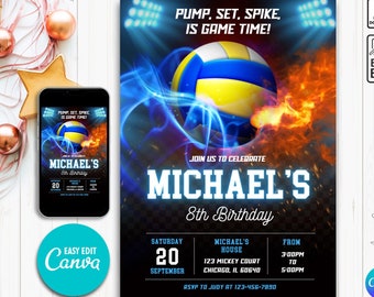 Convite para festa de aniversário com tema de vôlei, Convite de vôlei para imprimir, Convite para festa de vôlei, Convite esportivo, Convite editável para festa de meninos no Canva