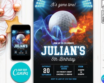 May include: A black and blue birthday invitation featuring a golf ball engulfed in flames. The invitation reads "Join us to celebrate Julian's 8th Birthday". It also includes the date, time, and location of the party.